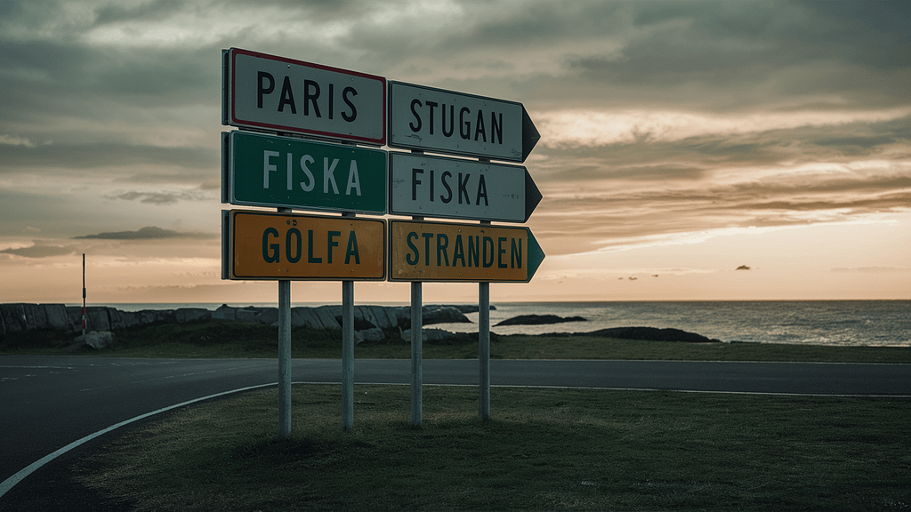 Bild på en vägskylt som visar olika riktningar så som Stranden, Golfa, Fiska med mera